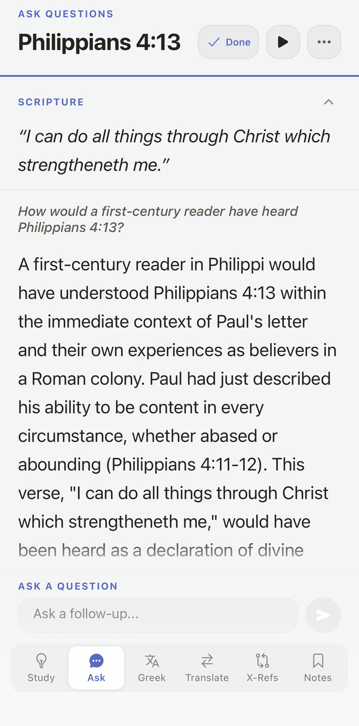 Original-language word lookup beside a verse